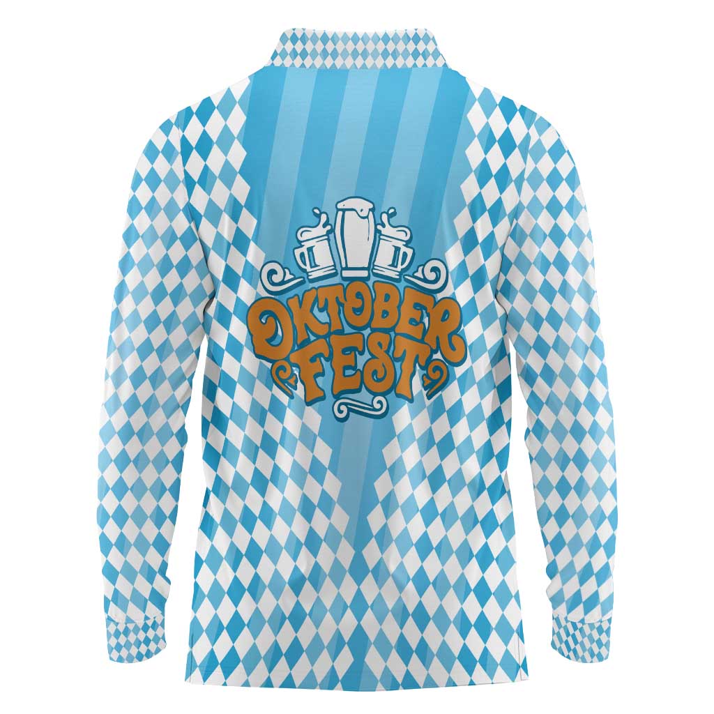Oktoberfest Long Sleeve Polo Shirt with Beer Glass Illustration Blue White Diamond - Wonder Print Shop