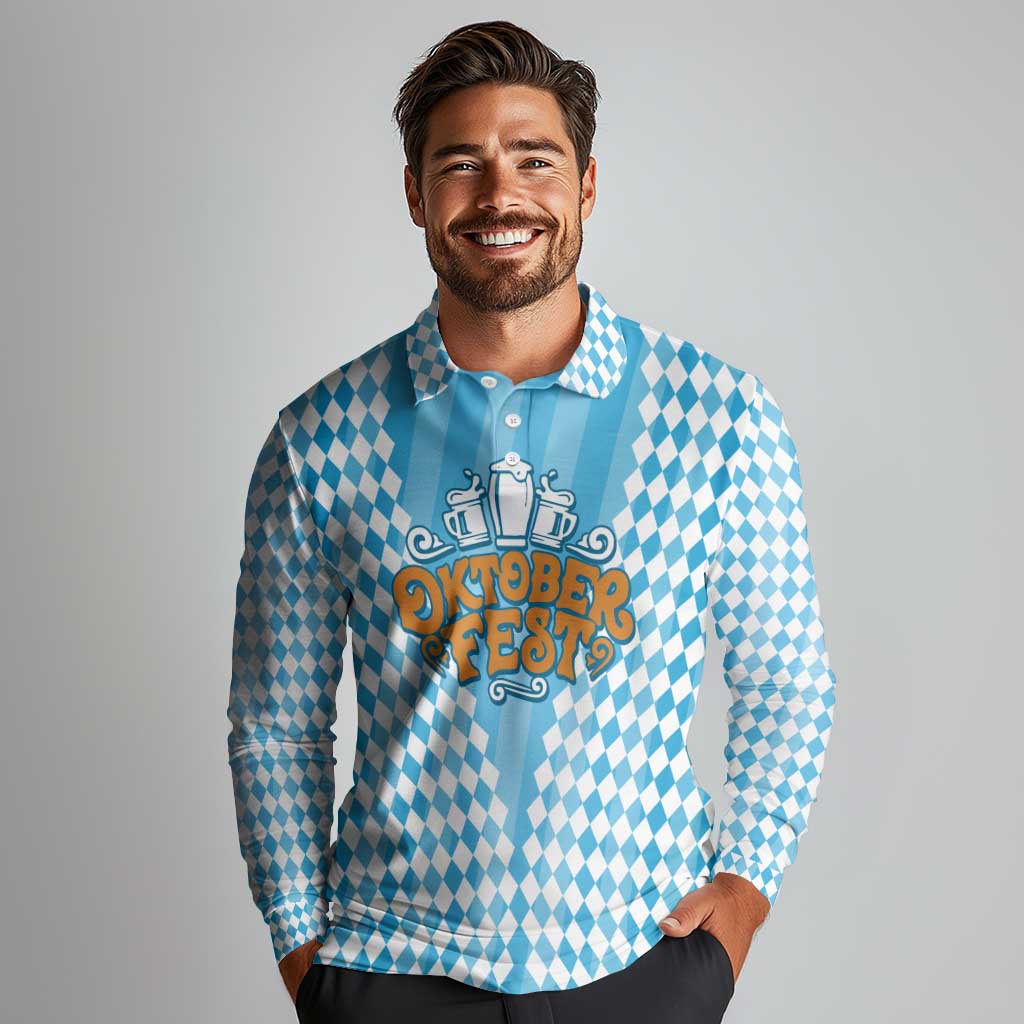 Oktoberfest Long Sleeve Polo Shirt with Beer Glass Illustration Blue White Diamond - Wonder Print Shop