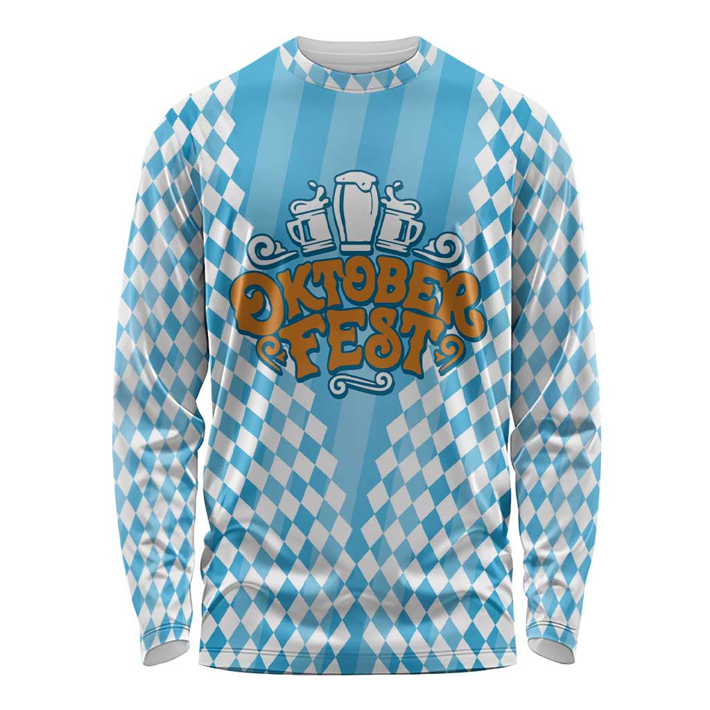 Oktoberfest Long Sleeve Shirt with Beer Glass Illustration Blue White Diamond - Wonder Print Shop