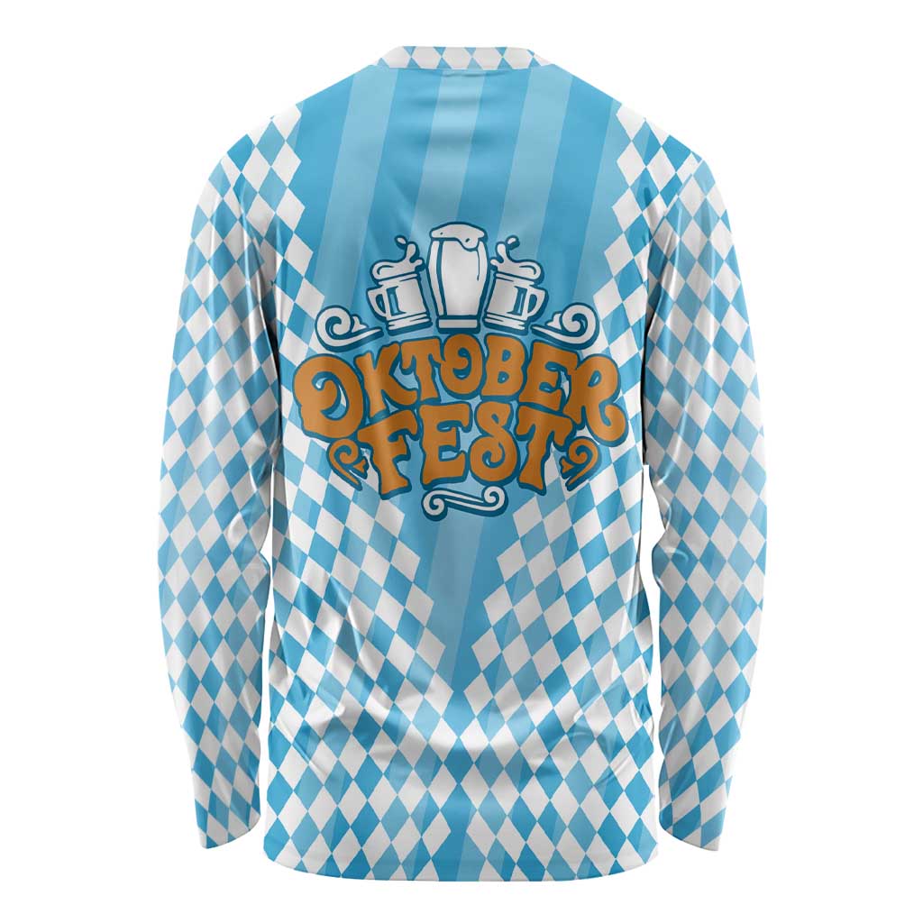 Oktoberfest Long Sleeve Shirt with Beer Glass Illustration Blue White Diamond - Wonder Print Shop