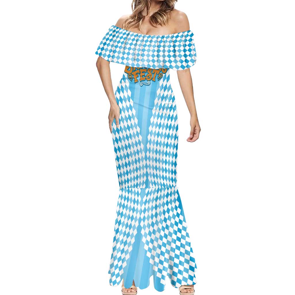 Oktoberfest Mermaid Dress with Beer Glass Illustration Blue White Diamond - Wonder Print Shop