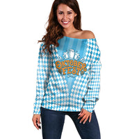 Oktoberfest Off Shoulder Sweater with Beer Glass Illustration Blue White Diamond - Wonder Print Shop