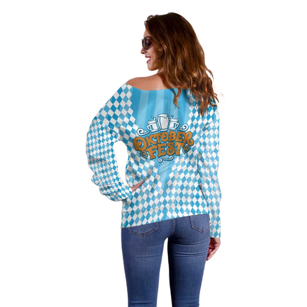 Oktoberfest Off Shoulder Sweater with Beer Glass Illustration Blue White Diamond - Wonder Print Shop