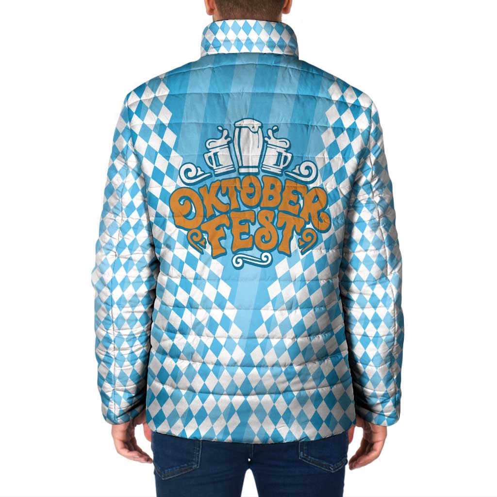Oktoberfest Padded Jacket with Beer Glass Illustration Blue White Diamond - Wonder Print Shop