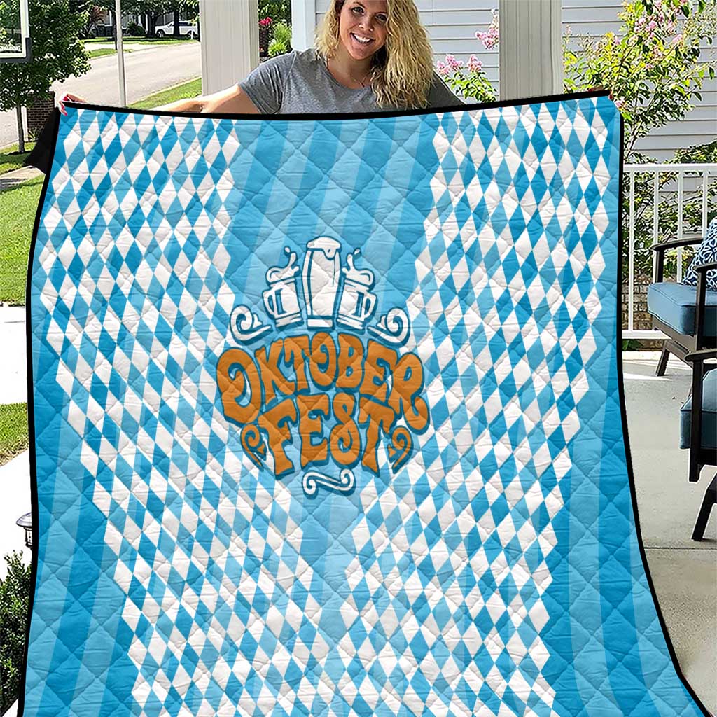 Oktoberfest Quilt with Beer Glass Illustration Blue White Diamond - Wonder Print Shop