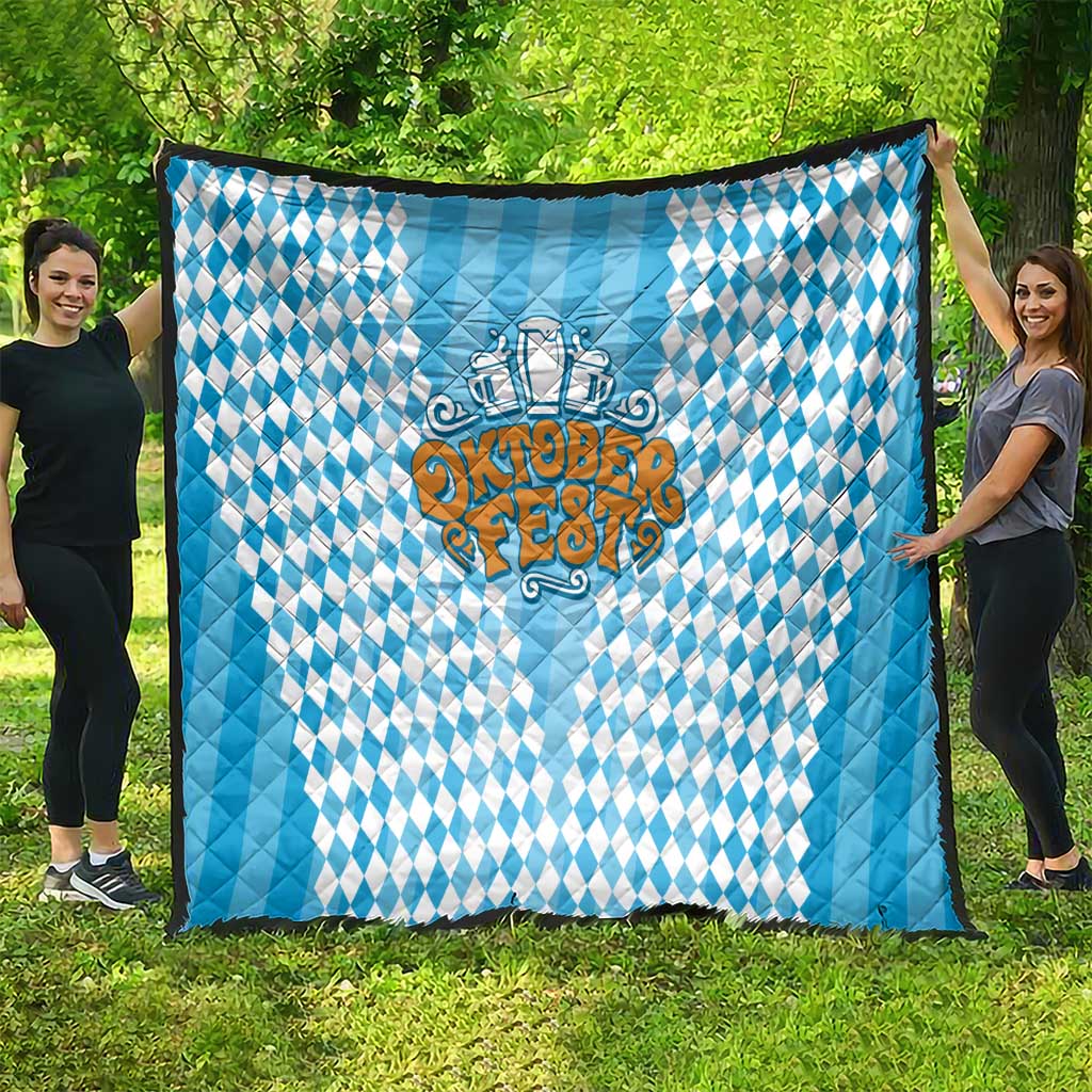Oktoberfest Quilt with Beer Glass Illustration Blue White Diamond - Wonder Print Shop