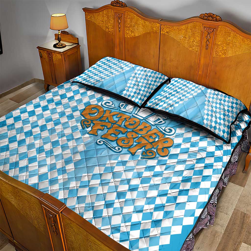 Oktoberfest Quilt Bed Set with Beer Glass Illustration Blue White Diamond - Wonder Print Shop