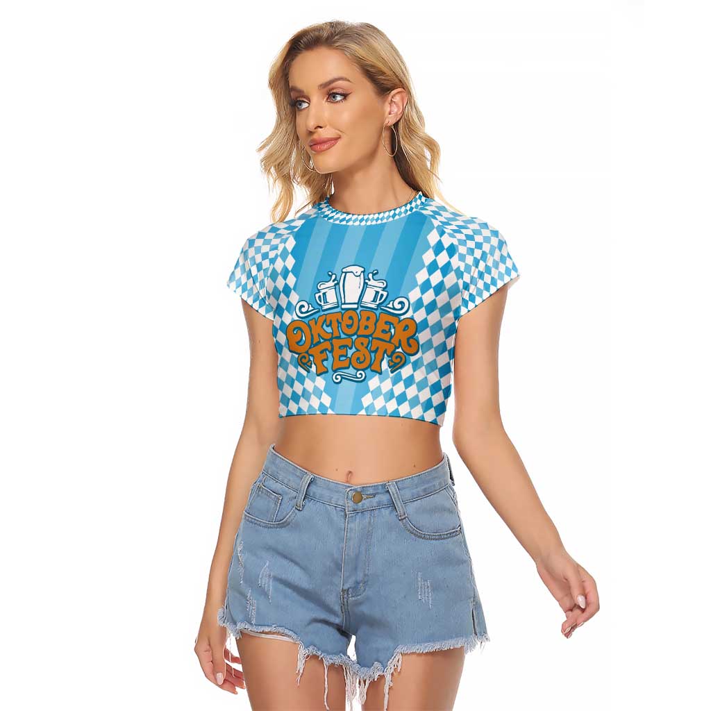 Oktoberfest Raglan Cropped T Shirt with Beer Glass Illustration Blue White Diamond - Wonder Print Shop