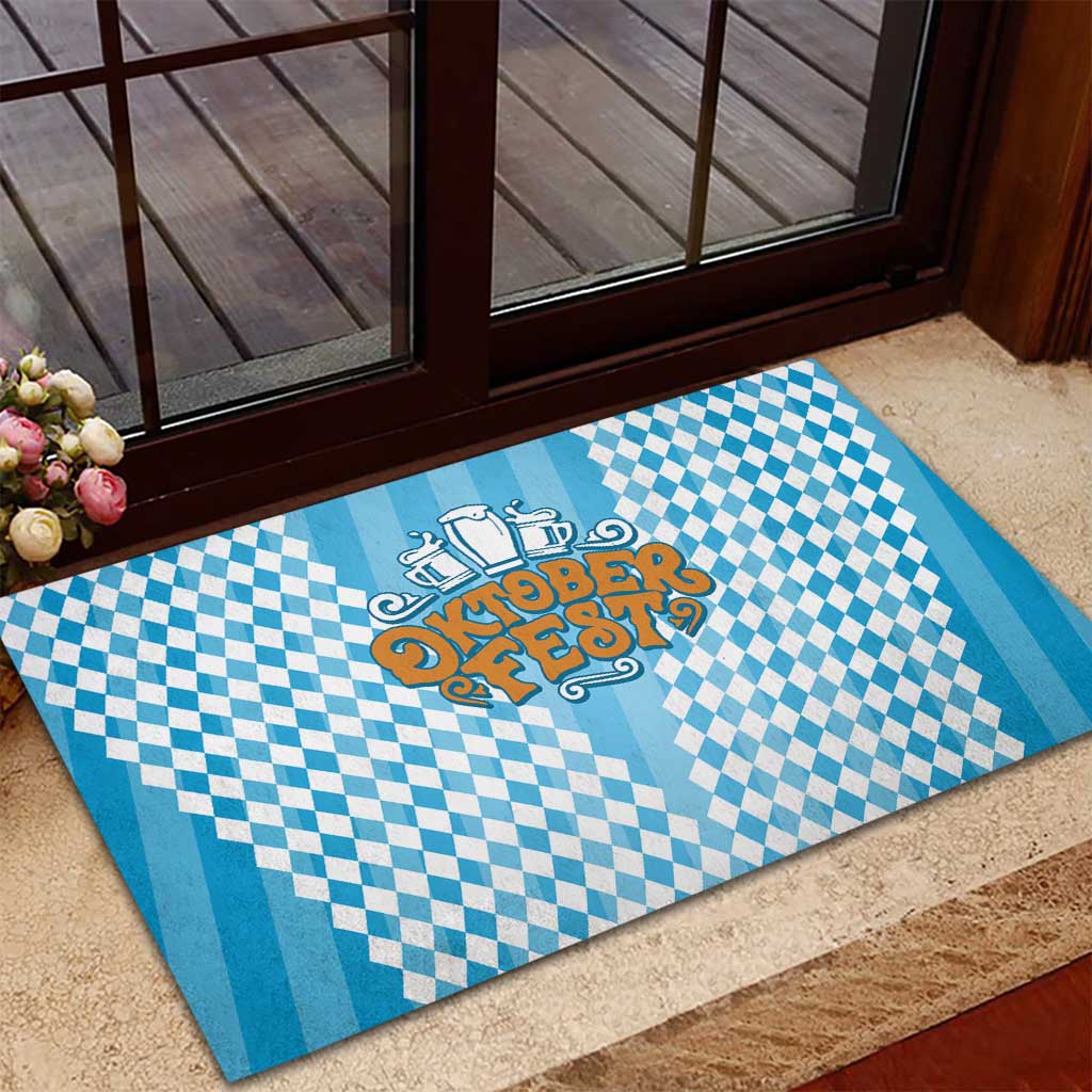 Oktoberfest Rubber Doormat with Beer Glass Illustration Blue White Diamond - Wonder Print Shop