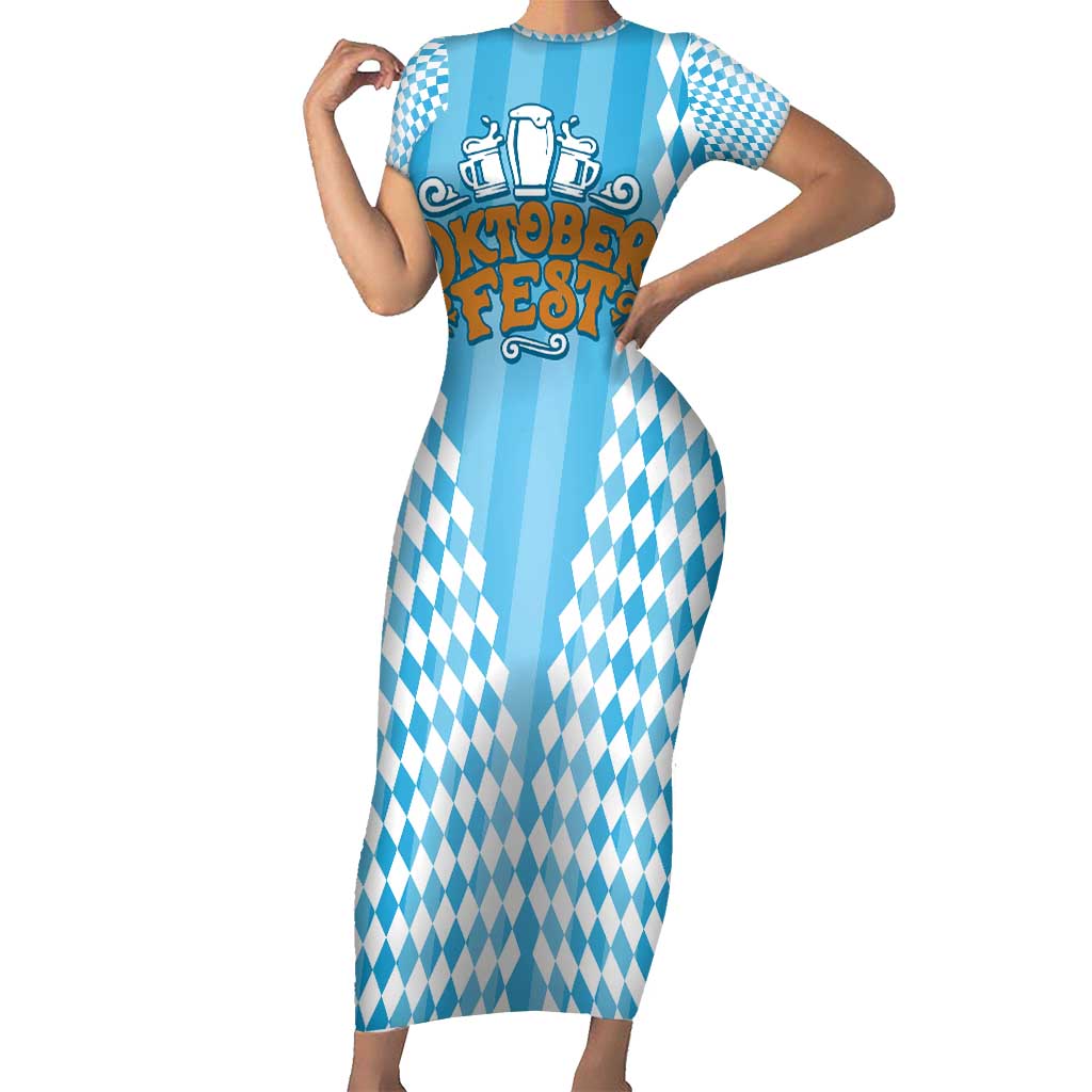 Oktoberfest Short Sleeve Bodycon Dress with Beer Glass Illustration Blue White Diamond - Wonder Print Shop