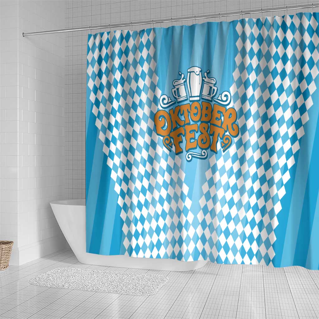 Oktoberfest Shower Curtain with Beer Glass Illustration Blue White Diamond - Wonder Print Shop