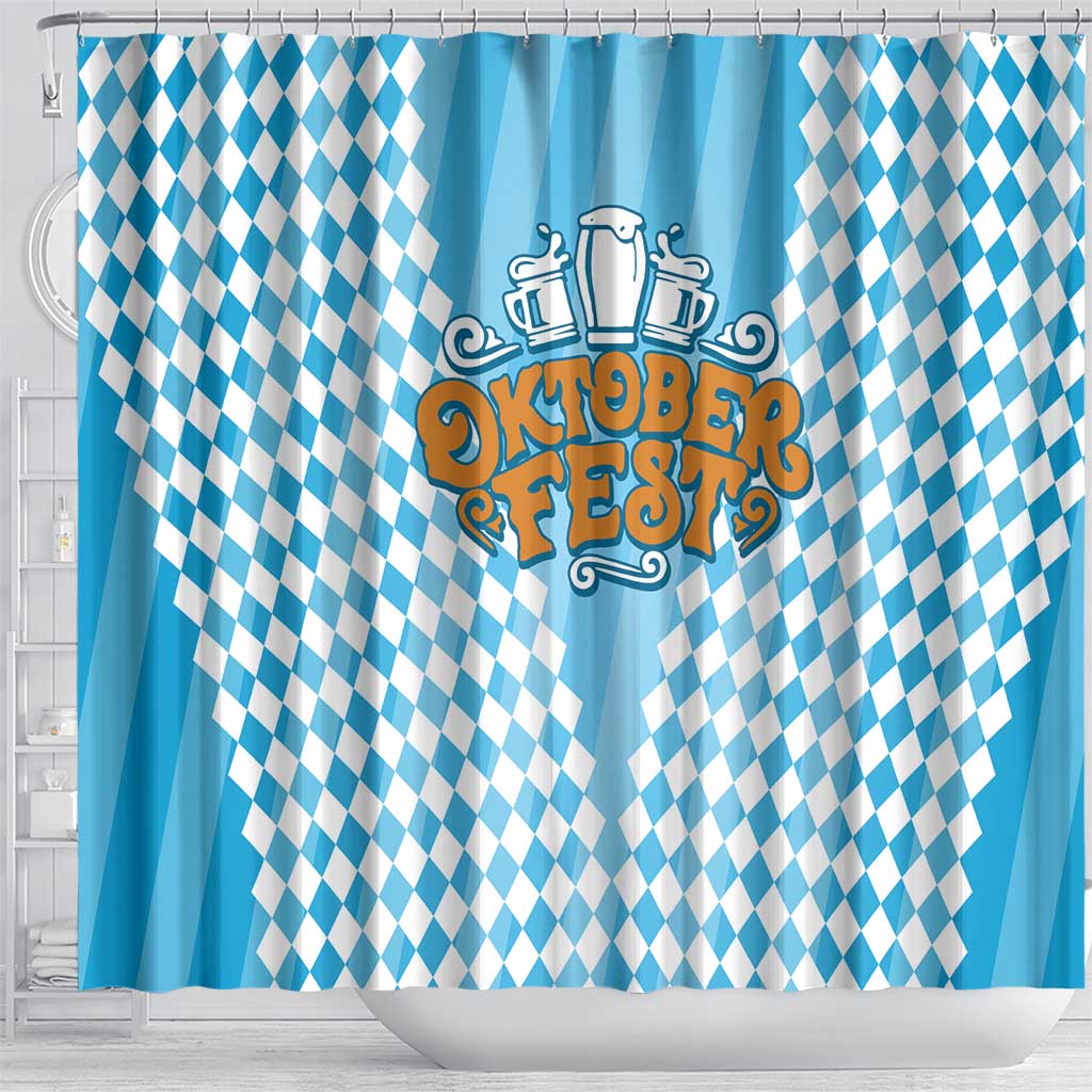 Oktoberfest Shower Curtain with Beer Glass Illustration Blue White Diamond - Wonder Print Shop
