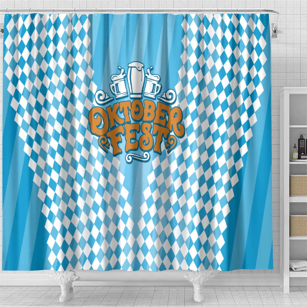Oktoberfest Shower Curtain with Beer Glass Illustration Blue White Diamond - Wonder Print Shop