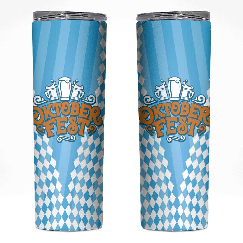 Oktoberfest Skinny Tumbler with Beer Glass Illustration Blue White Diamond - Wonder Print Shop