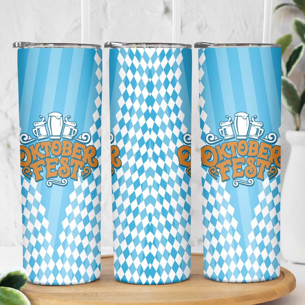 Oktoberfest Skinny Tumbler with Beer Glass Illustration Blue White Diamond - Wonder Print Shop