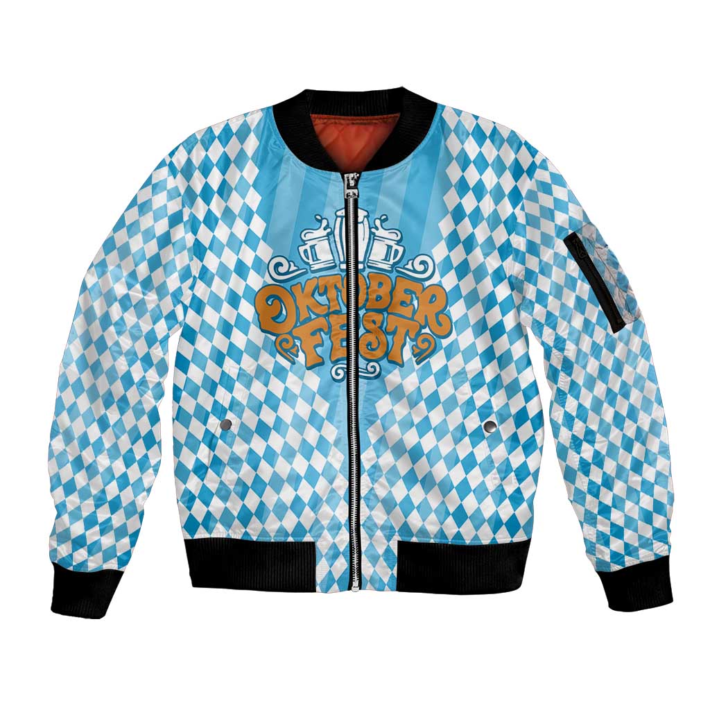 Oktoberfest Sleeve Zip Bomber Jacket with Beer Glass Illustration Blue White Diamond - Wonder Print Shop