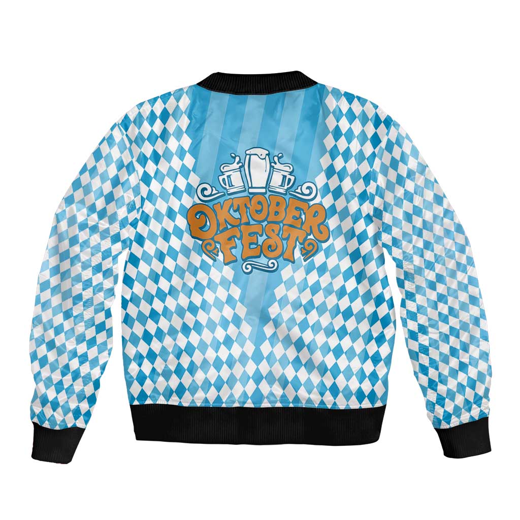 Oktoberfest Sleeve Zip Bomber Jacket with Beer Glass Illustration Blue White Diamond - Wonder Print Shop