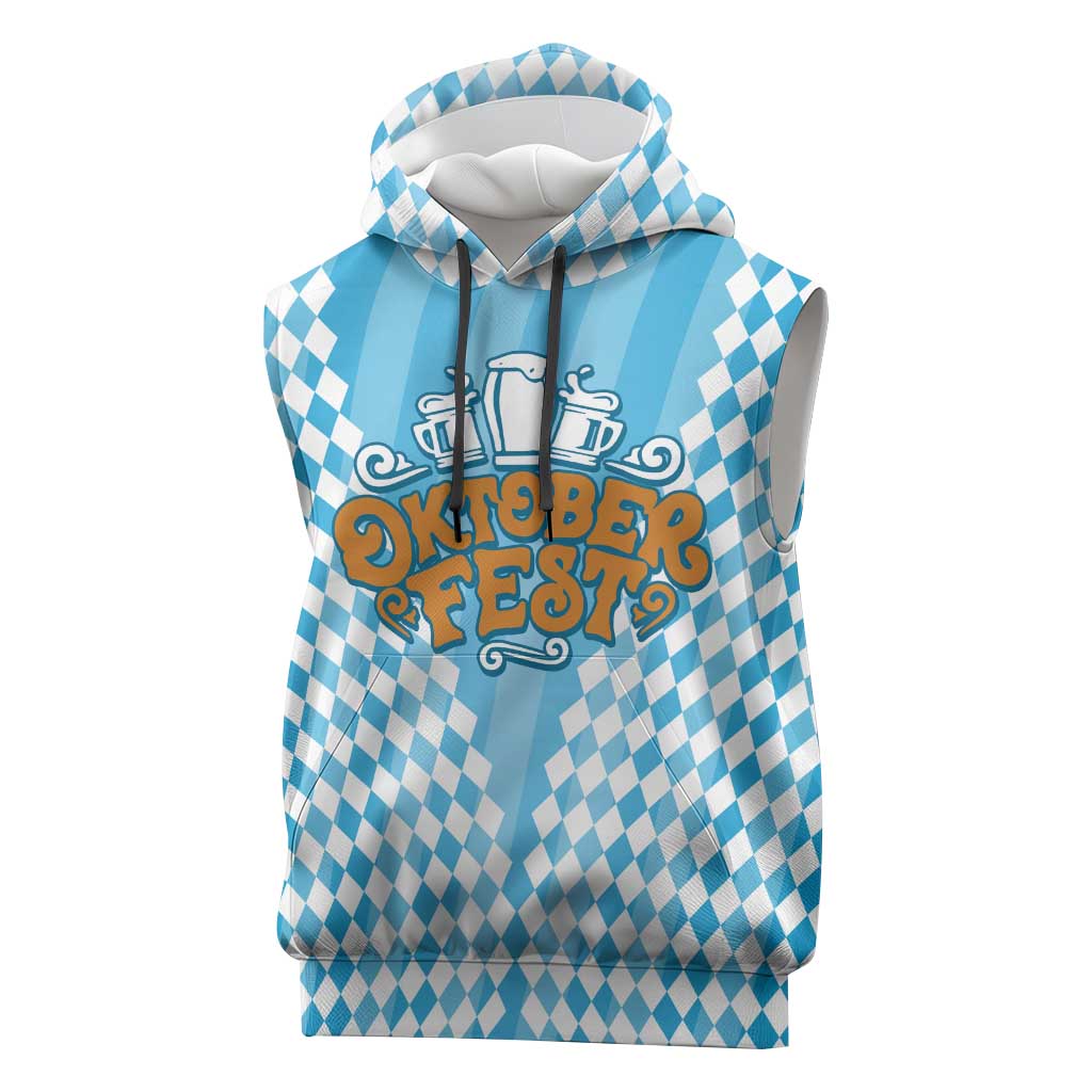 Oktoberfest Sleeveless Hoodie with Beer Glass Illustration Blue White Diamond - Wonder Print Shop