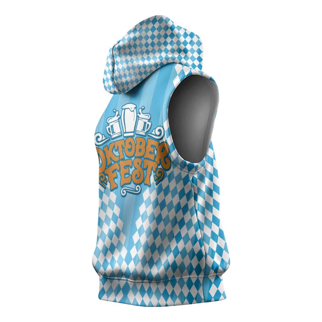 Oktoberfest Sleeveless Hoodie with Beer Glass Illustration Blue White Diamond - Wonder Print Shop