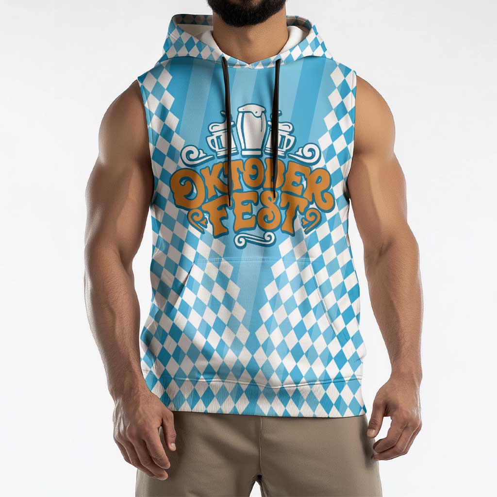 Oktoberfest Sleeveless Hoodie with Beer Glass Illustration Blue White Diamond - Wonder Print Shop