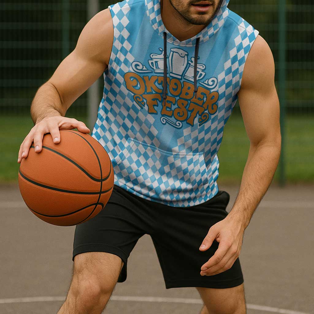 Oktoberfest Sleeveless Hoodie with Beer Glass Illustration Blue White Diamond - Wonder Print Shop