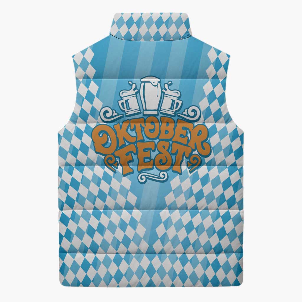 Oktoberfest Sleeveless Puffer Jacket with Beer Glass Illustration Blue White Diamond - Wonder Print Shop