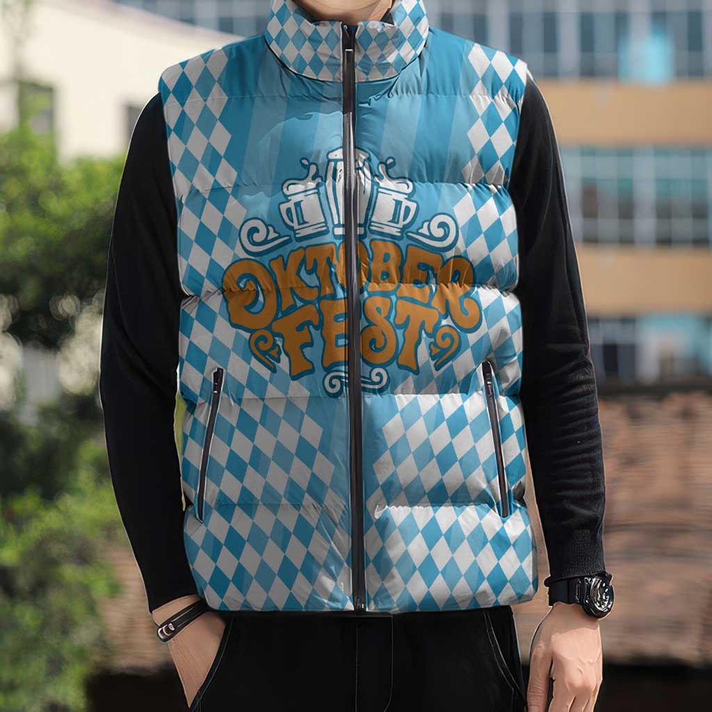Oktoberfest Sleeveless Puffer Jacket with Beer Glass Illustration Blue White Diamond - Wonder Print Shop