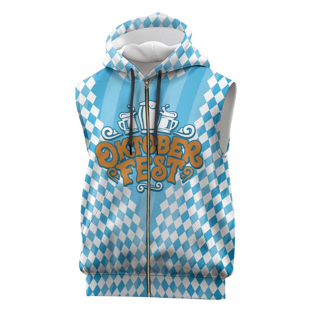 Oktoberfest Sleeveless Zip Hoodie with Beer Glass Illustration Blue White Diamond - Wonder Print Shop