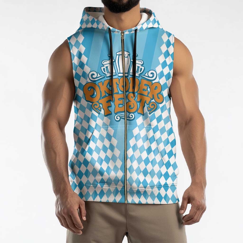 Oktoberfest Sleeveless Zip Hoodie with Beer Glass Illustration Blue White Diamond - Wonder Print Shop