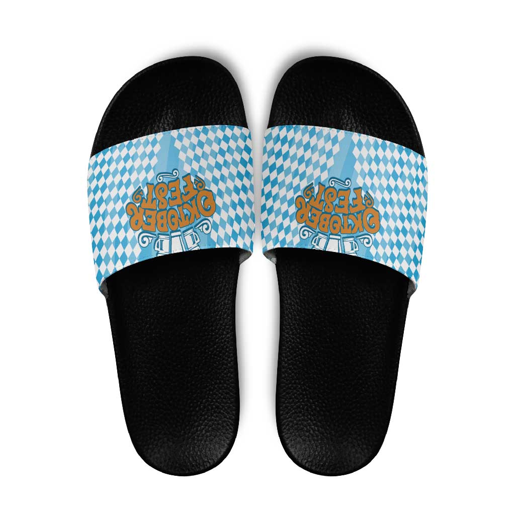 Oktoberfest Slide Sandals with Beer Glass Illustration Blue White Diamond - Wonder Print Shop