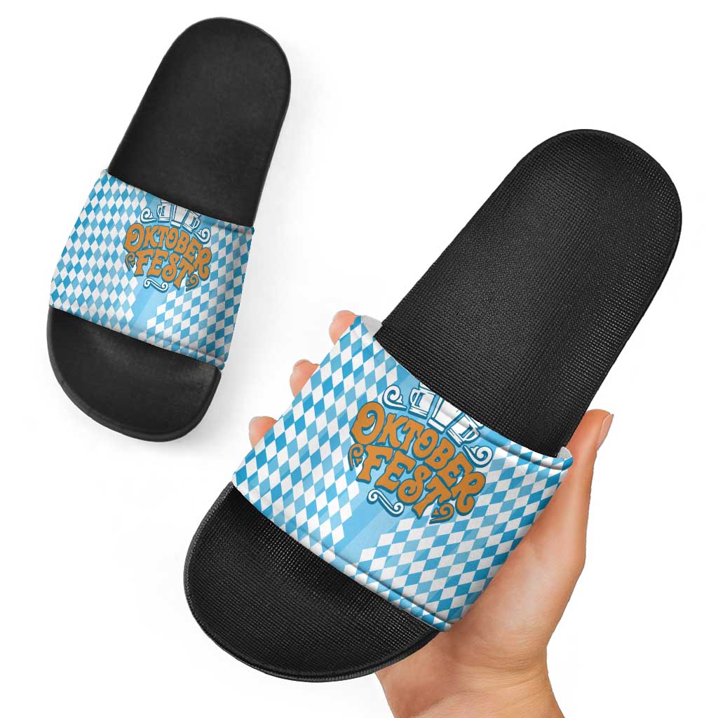 Oktoberfest Slide Sandals with Beer Glass Illustration Blue White Diamond - Wonder Print Shop