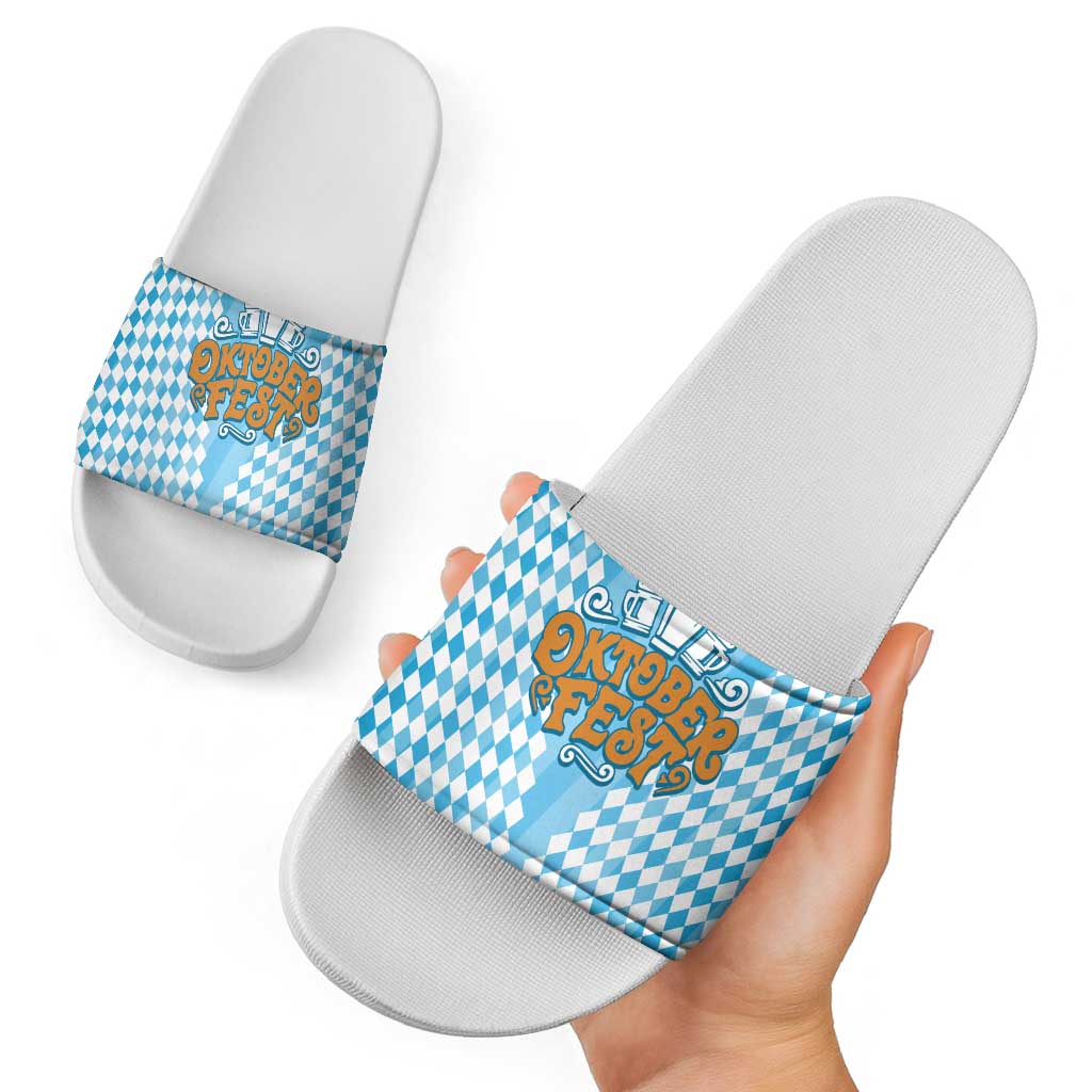 Oktoberfest Slide Sandals with Beer Glass Illustration Blue White Diamond - Wonder Print Shop