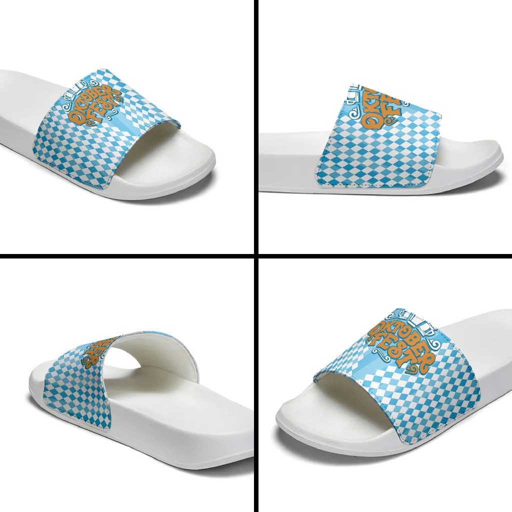 Oktoberfest Slide Sandals with Beer Glass Illustration Blue White Diamond - Wonder Print Shop