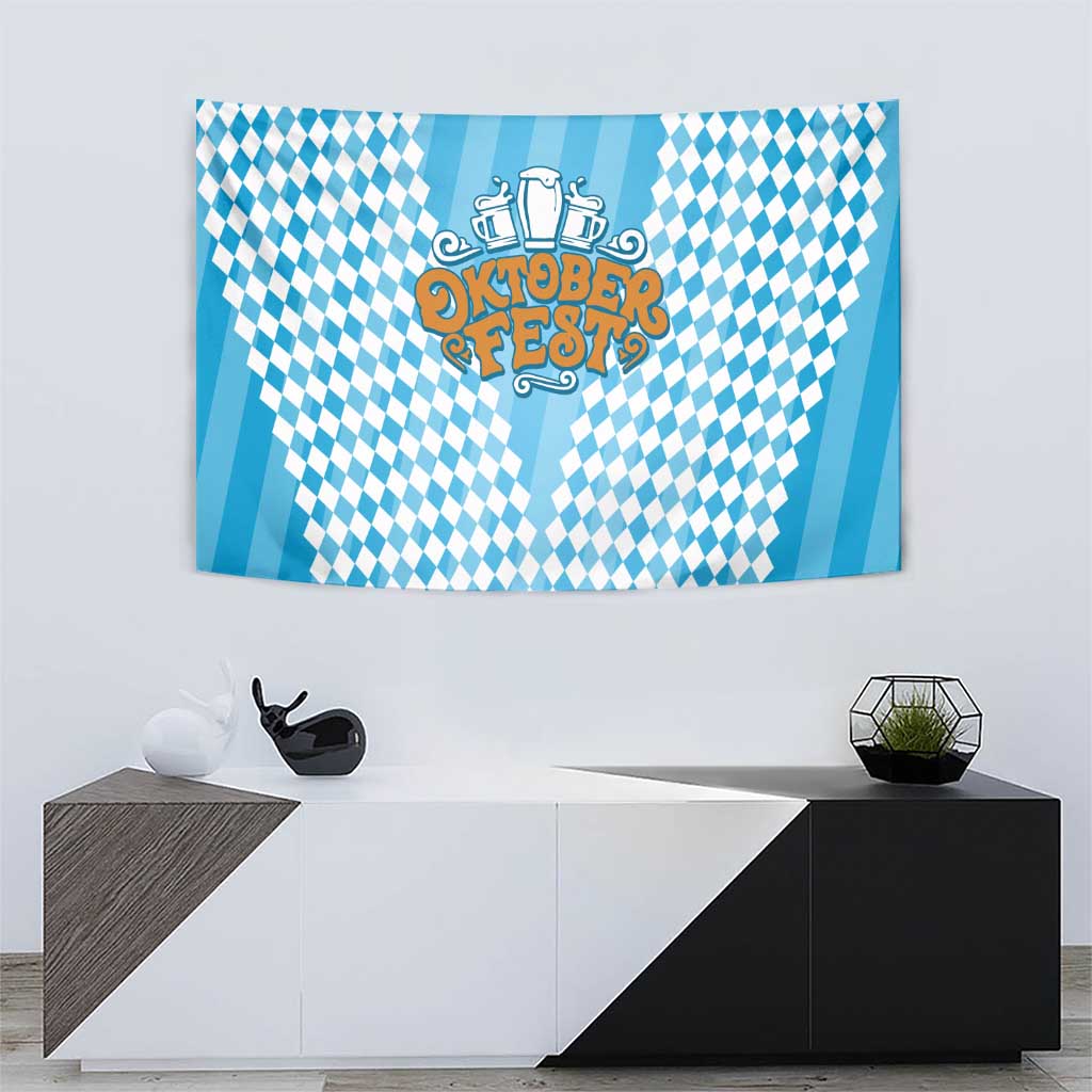 Oktoberfest Tapestry with Beer Glass Illustration Blue White Diamond - Wonder Print Shop