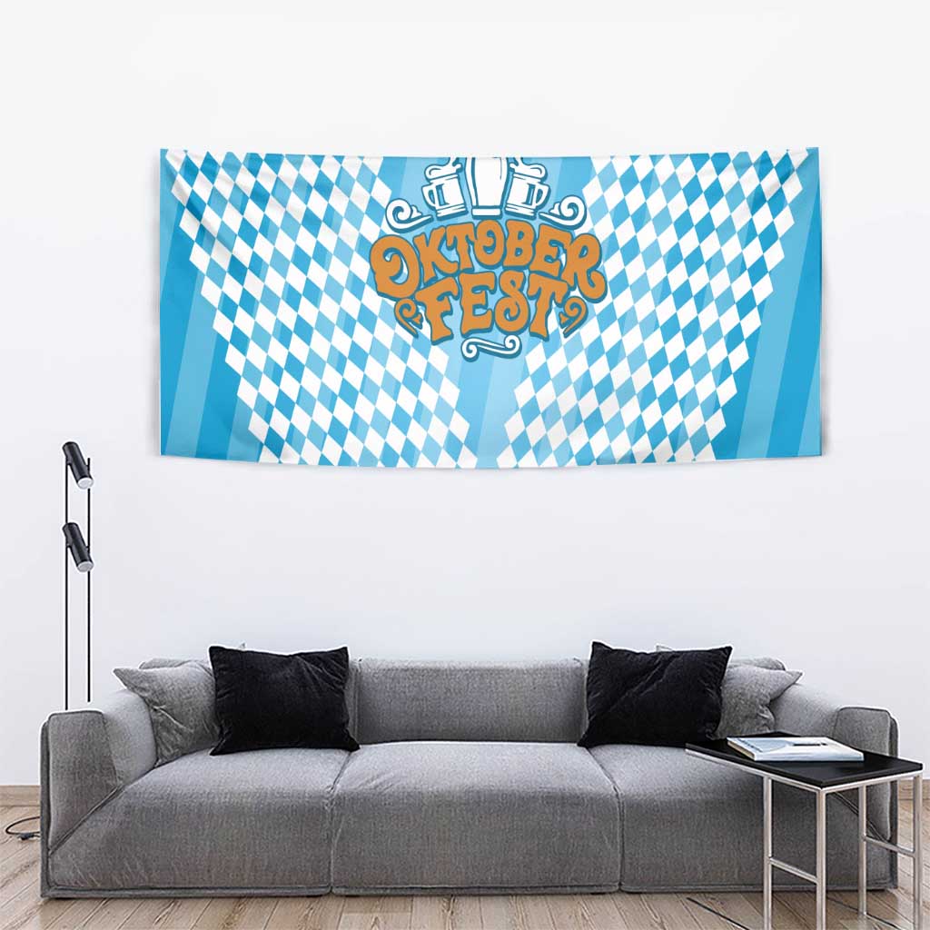 Oktoberfest Tapestry with Beer Glass Illustration Blue White Diamond - Wonder Print Shop