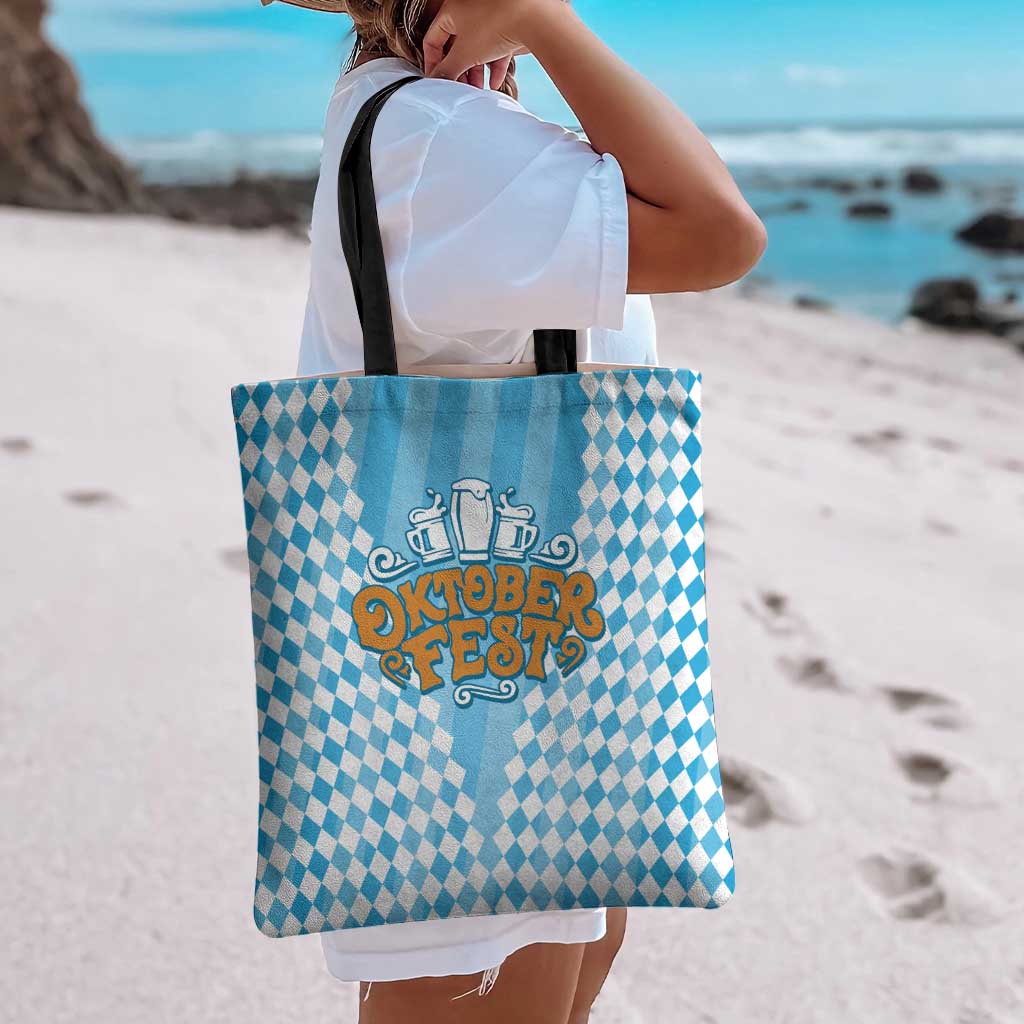 Oktoberfest Tote Bag with Beer Glass Illustration Blue White Diamond - Wonder Print Shop