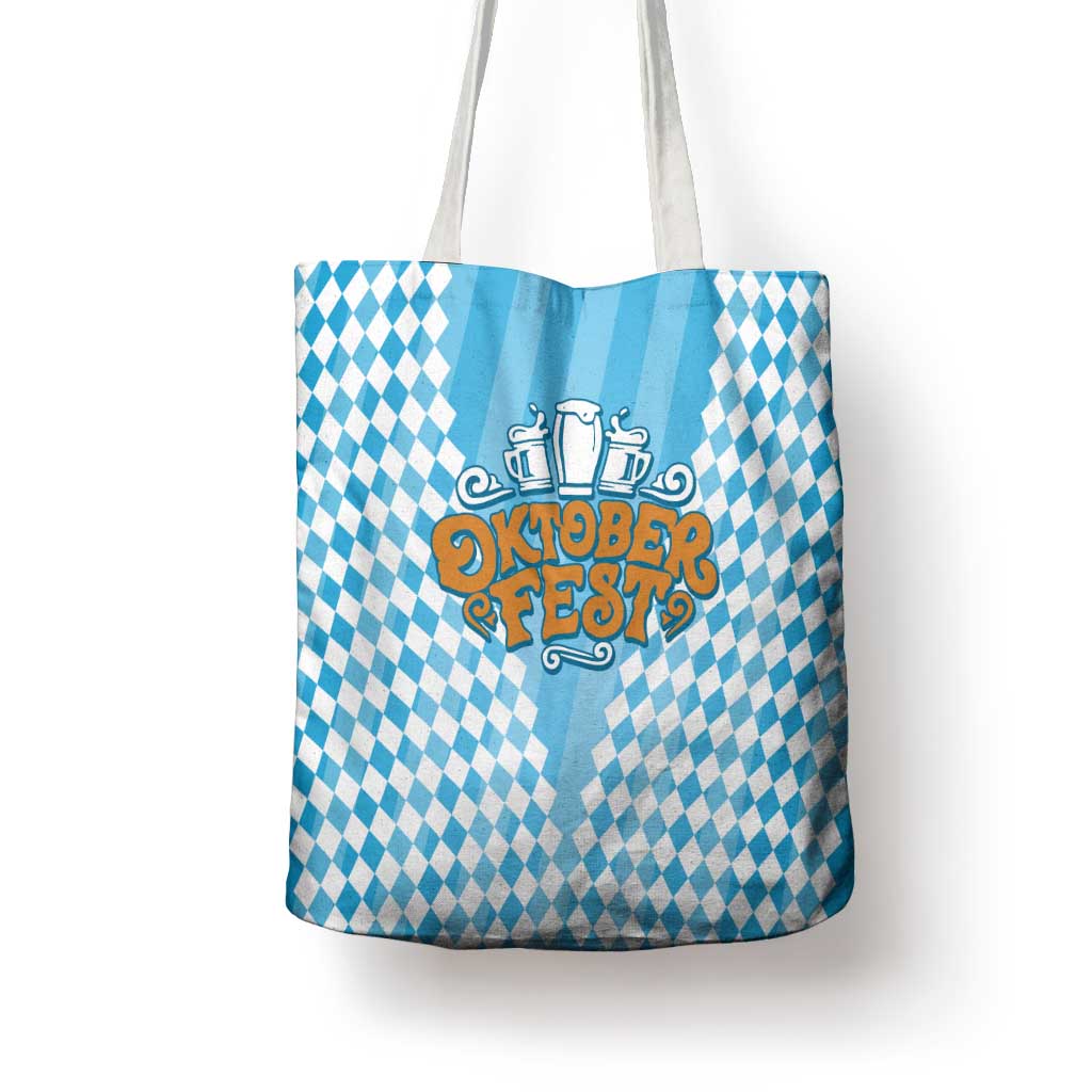 Oktoberfest Tote Bag with Beer Glass Illustration Blue White Diamond - Wonder Print Shop
