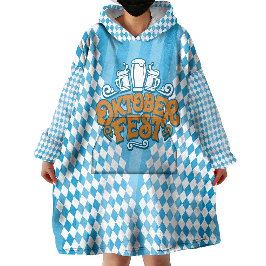 Oktoberfest Wearable Blanket Hoodie with Beer Glass Illustration Blue White Diamond - Wonder Print Shop