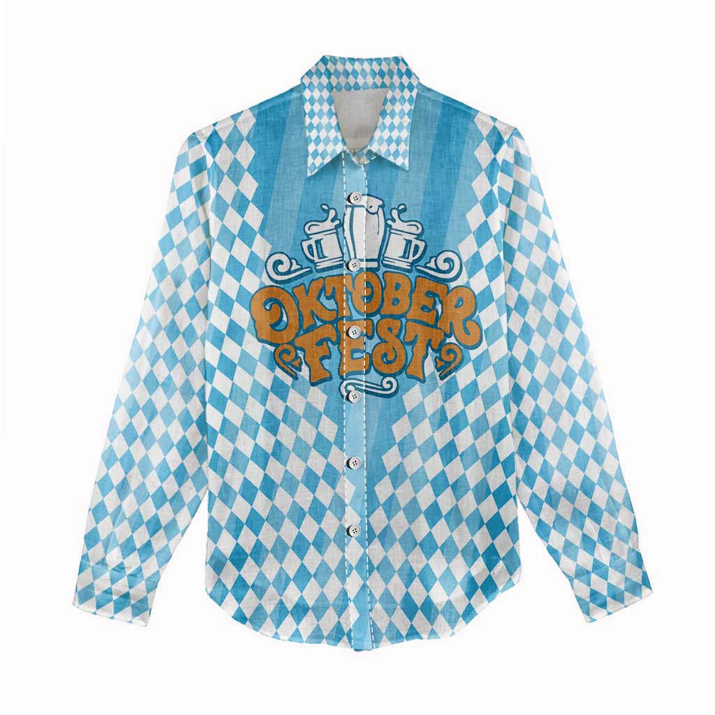 Oktoberfest Women Casual Shirt with Beer Glass Illustration Blue White Diamond - Wonder Print Shop
