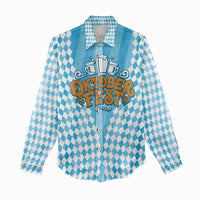 Oktoberfest Women Casual Shirt with Beer Glass Illustration Blue White Diamond - Wonder Print Shop