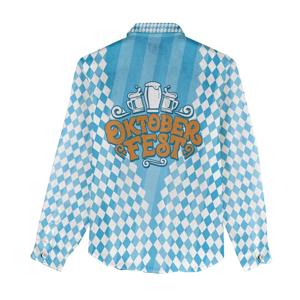 Oktoberfest Women Casual Shirt with Beer Glass Illustration Blue White Diamond - Wonder Print Shop