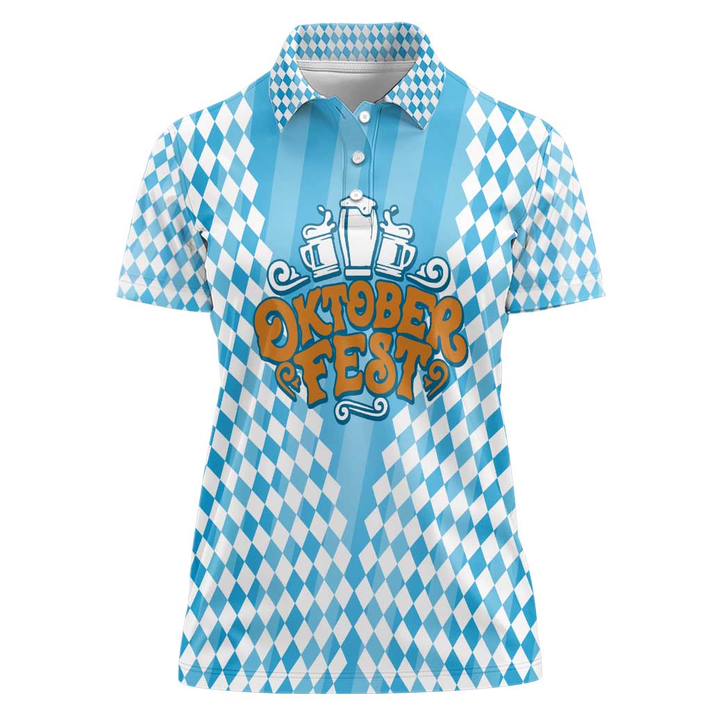 Oktoberfest Women Polo Shirt with Beer Glass Illustration Blue White Diamond - Wonder Print Shop