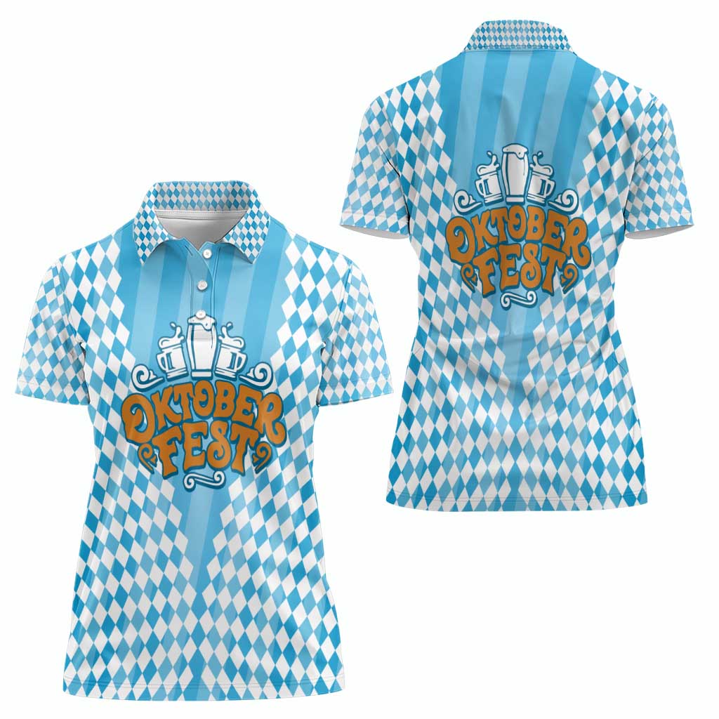 Oktoberfest Women Polo Shirt with Beer Glass Illustration Blue White Diamond - Wonder Print Shop