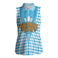 Oktoberfest Women Sleeveless Polo Shirt with Beer Glass Illustration Blue White Diamond - Wonder Print Shop