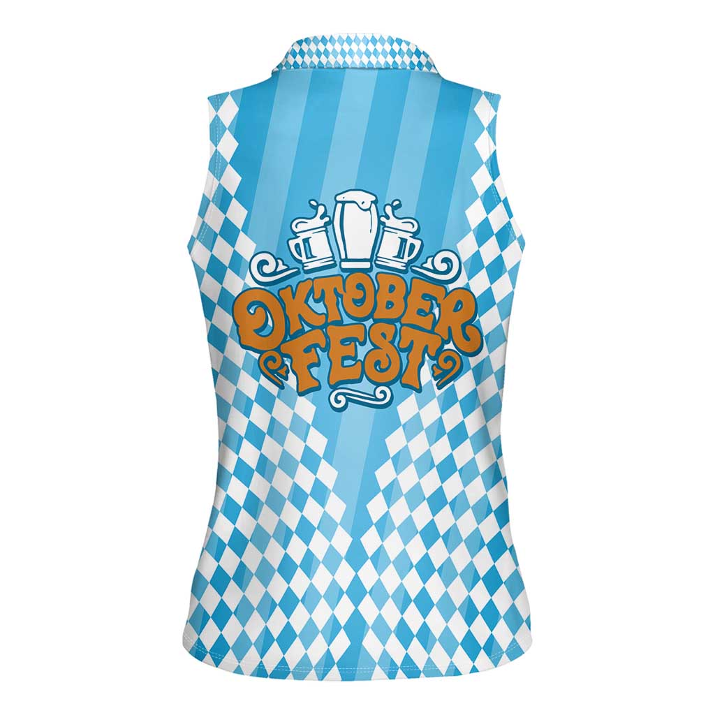 Oktoberfest Women Sleeveless Polo Shirt with Beer Glass Illustration Blue White Diamond - Wonder Print Shop