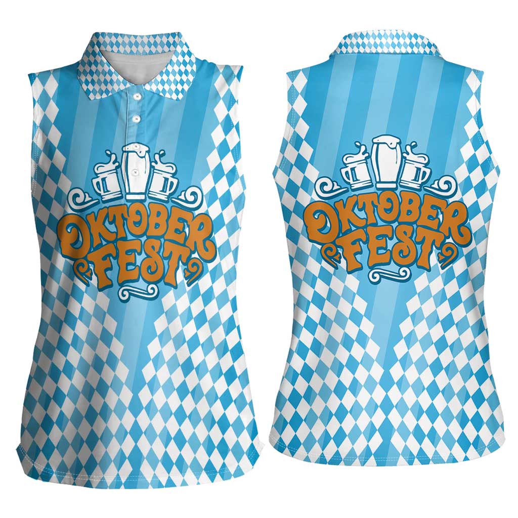 Oktoberfest Women Sleeveless Polo Shirt with Beer Glass Illustration Blue White Diamond - Wonder Print Shop