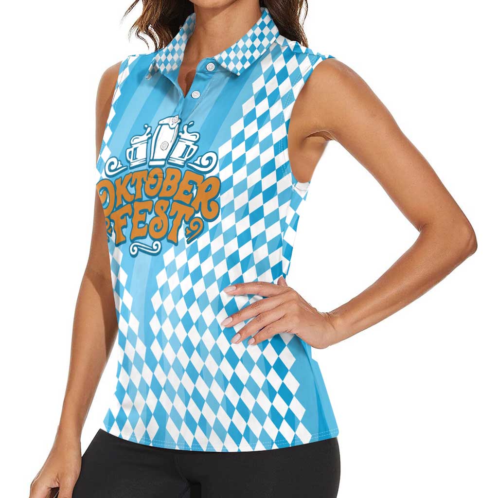 Oktoberfest Women Sleeveless Polo Shirt with Beer Glass Illustration Blue White Diamond - Wonder Print Shop