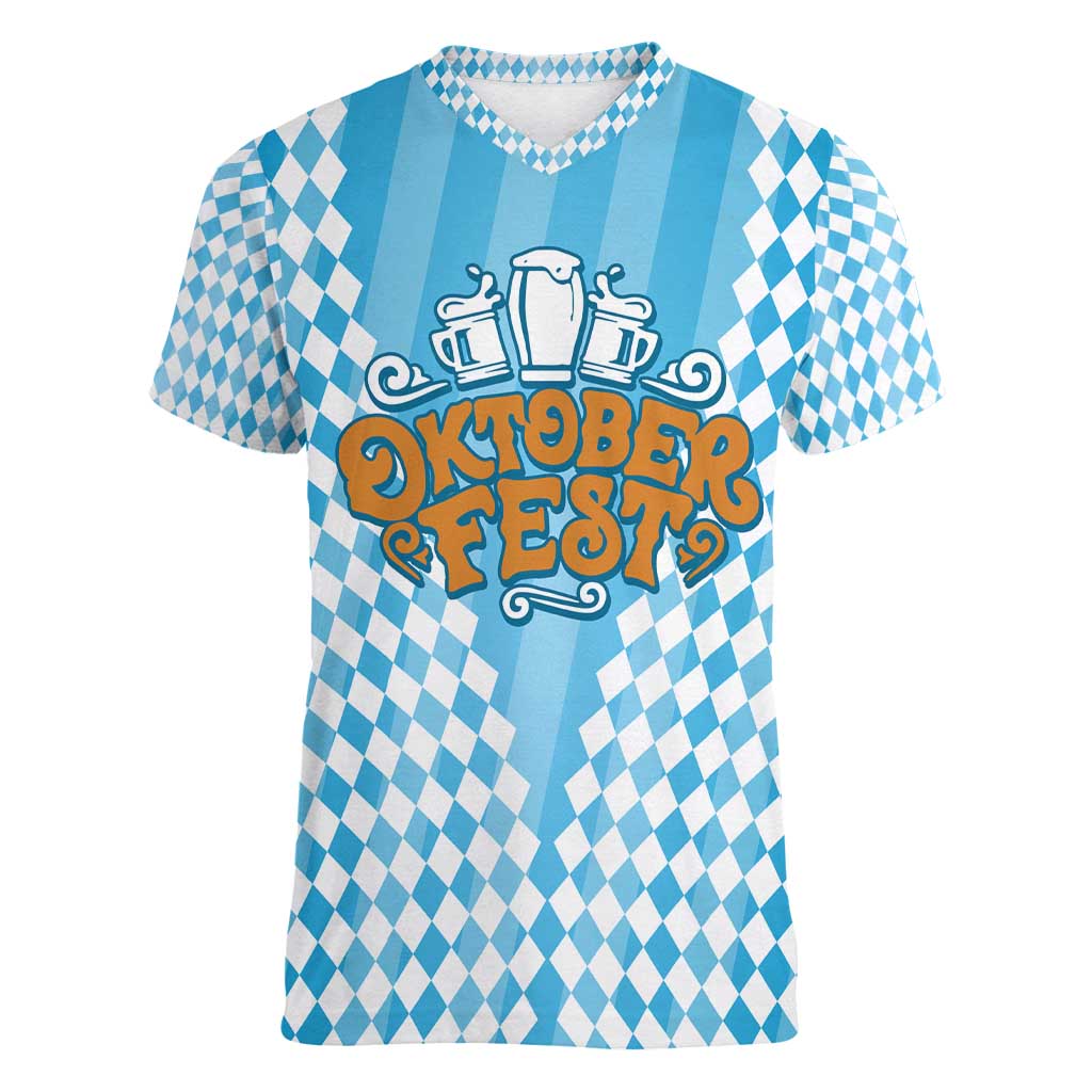 Oktoberfest Women V-Neck T-Shirt with Beer Glass Illustration Blue White Diamond - Wonder Print Shop