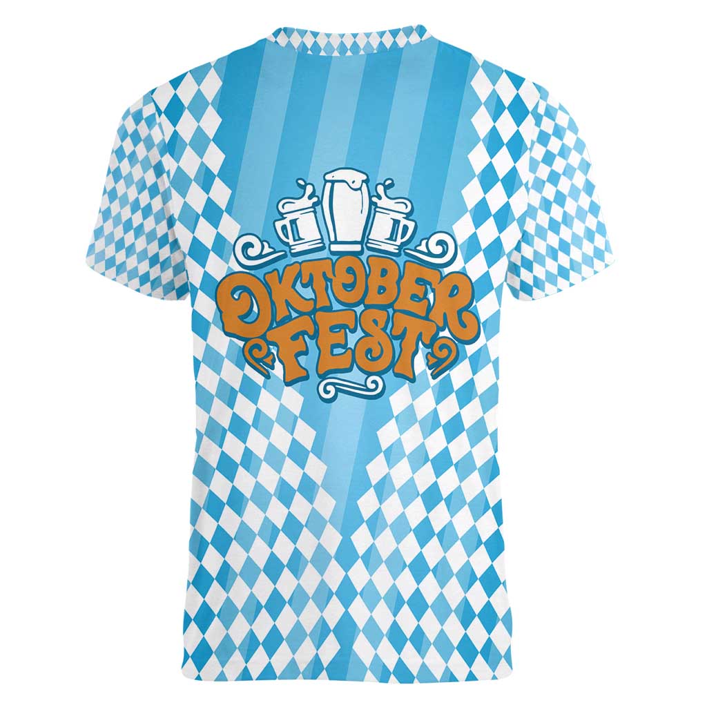 Oktoberfest Women V-Neck T-Shirt with Beer Glass Illustration Blue White Diamond - Wonder Print Shop