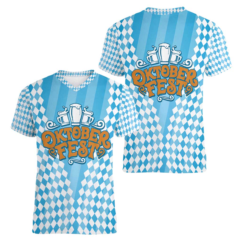 Oktoberfest Women V-Neck T-Shirt with Beer Glass Illustration Blue White Diamond - Wonder Print Shop